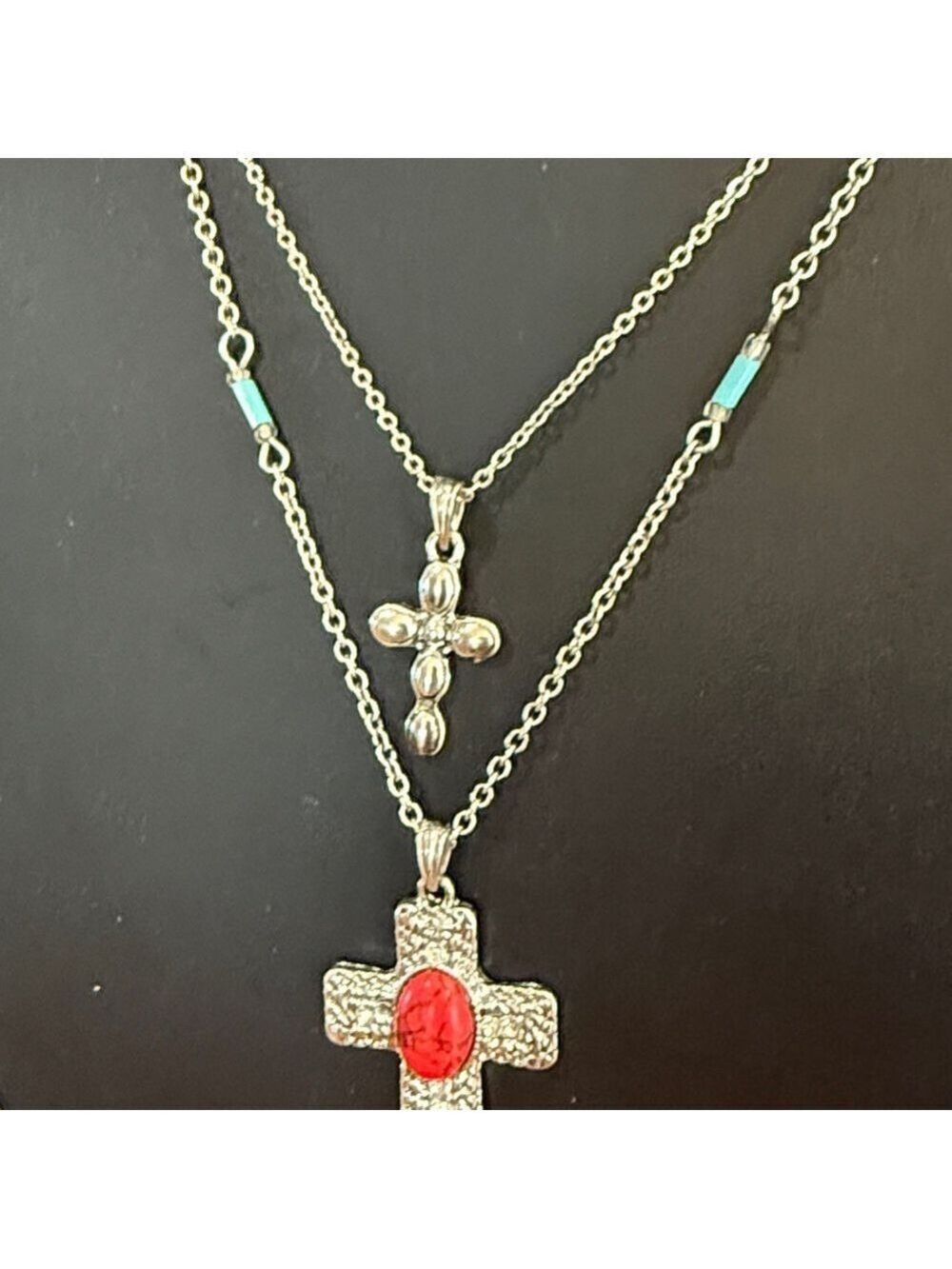 Southwestern double strand layered cross pendants convertible 3 in 1 necklace - Picture 3 of 5